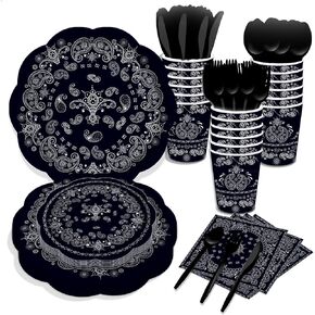 116 Ps Black Bandana Party Supplies - 16 Guest Set Including Plates, Napkins, Cups for Black Bandana Party