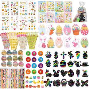 Whaline 280Pcs Easter Stationery Set Memo Pads Rulers Pencils Scratches Stickers Erasers Cellophane Treat Bags and Tags for Students Party Classroom Exchange Prizes, 24 Pack