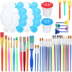 60Pcs Kids Painting Brushes Set, Oil Watercolor Painting Tools Set with Paint Cups, Lids Paint Palettes, All Purpose Multi Sizes Paints Brushes Supplies Bulk for Kids Children