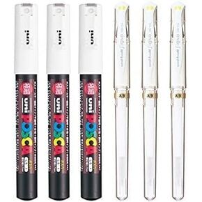 Uni-Ball Signo UM-153 Point Point Gel Impact Pen ، 1.0 مم أبيض (3 عبوة) / Uni-Ball Posca Marker PC-1M Paint Glass Pen إضافية ، 0.7 مم أبيض (3 عبوة)-إجمالي 6 أقلام