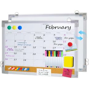 كومبو من لوحة الفلين الجاف على الوجهين للجدار - 17''x13 '' Magnetic Monthly Calendar Whiteboard & Bulletin Board ، لوحة تخطيط محمولة للمكتب ، المدرسة ، المنزل ، المطبخ