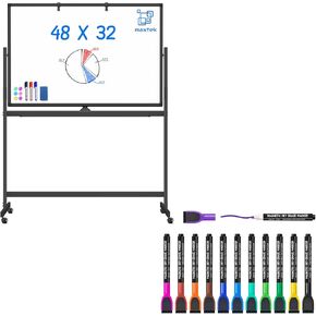 لوحة بيضاء كبيرة متداولة الحامل على عجلة ، Maxtek 48 × 32 بوصات على الجانب الآخر من السبورة المتنقلة وعلامات محو جافة مغناطي