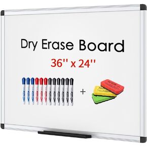 VIZ-PRO Magnetic Dry Erase Board 36 X 24 Inches, Silver Aluminium Frame, with 3 Colored Erasers and 12-Count Dry Erase Markers