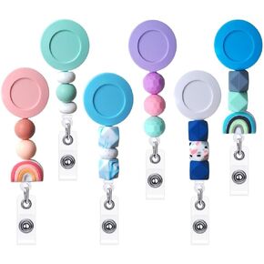 6PC Cute Bead Badge Reels Silicone Beads Retractable Alligator ID Name Clips Holder Pack for Nurse Pediatric Teacher Nursing | Pink Green Blue Purple White Boho Medical MA RN CNA Student Week Gifts
