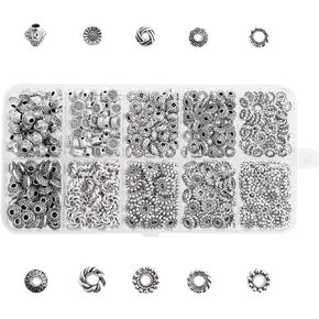 Zhiyuxi 750pcs 15styles حبات الفضة الفضية العتيقة لمجوهرات صنع حبات معدنية شريحة لقرط قلادة السوار