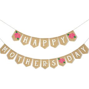 Whaline Happy Mother's Day Banner Rose Mothers Day Burlap Hanging Banner Garland Rustic Party Decoration for Mother's Day Birthday Indoor Outdoor Mantel Fireplace Decor Supplies