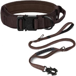 Joytale Tactical Dog Collar (15 "-18") ومجموعة مقود الكلاب ، طوق الكلب القوي القابل للتعديل مع مقبض الكلب الذي يمتص الصدمات للكلاب المتوسطة (بني ، م)