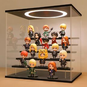 LASOA 3 Tier Acrylic Display Case with Adjustable LED Light, Clear Display Box for Action Figures, Collectibles and Miniatures, Self-Assembly Shelf Showcase with Wooden Base, 11.8x6.5x9.4inch