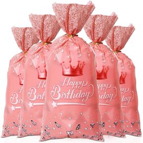 Pineraap 100 PCS Rose Gold Crown Happy Birthday Acags - Cellophane Goodie Facs with Twist Ries - 4.92 × 10.71 inches - مثالي لأعياد الميلاد ، وظائف المدرسة والمزيد