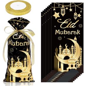 Whaline 100pcs عيد مبارك السيلوفان معالجة الأكياس مع الشريط رمضان الهدايا البلاستيك أكياس الذهب الأسود حلوى جيدة لتوفيات عيد ميلاد العطلة الإسلامية