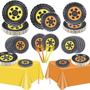 164 PCS Racing Car Party Decorations ، لوحات ورق الإطارات ، مناديل ورق الإطارات ، مفارش المائدة الصفراء والبرتقالية ، شوكات لطفلة عيد ميلاد حفلة البناء حفلة سباق سباق سيارة ، 40