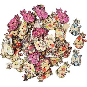 100Pcs Mixed Color Wooden Cartoon Cat Buttons Animal Wooden Buttons Multi-Color 2-Hole Wooden Buttons Hand Drawn Materials for Sewing Craft Scrapbooking DIY Random Color 30 x 18 mm