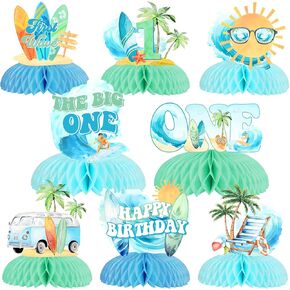 Joymemo 8 قطع الأمواج 1st Honeycomb Centerpaces for Boy Girl - The Big One Surf Birthday Decorations Blue and Green ، Toppers Toppers First Pridthing Topers for Beach Hawaii Surf Party Supplies