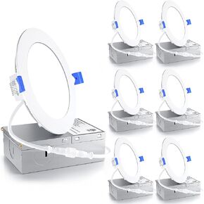 Ensenior 6 Pack 6 Inch LED Recessed Light, Dimmable, 5000K Daylight, 1050LM High Brightness, 12W 120V, Damp Rated, Ultra-Thin Canless Wafer Ceiling Light - ETL & FCC & IC
