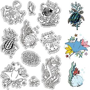 CRASPIRE Sea Animal Clear Stamps Ocean Marine Organism Clownfish Octopus Turtle Hippo Coral Shell Reusable Retro Transparent Silicone Stamp Seals for Journaling Card Making DIY Scrapbooking Supplies