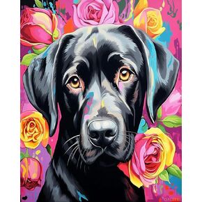 Qaceyid Black Labrador Dog ، وردة ملونة ، والطلاء بأرقام أرقام لكبار السن كبار السن المبتدئين أكريليكات DIY الطلاء الزيت 16 × 20 بوصة ، بدون إطار