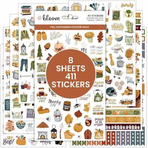 bloom daily planners Fall Expansion Sticker Pack - 8 Sheets / 411 Stickers - Autumn Harvest Variety Pack with Halloween & Thanksgiving - Planner Stickers for Calendar Decorating & Scrapbooking