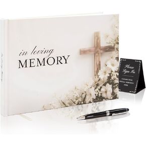 Cross Hardcover Funeral Guest Book - 9.5 x 7 Celebration of Life Guestbook for Memorial Service with 5x7 Paper Sign, Pen, Black Photo Corner Stickers