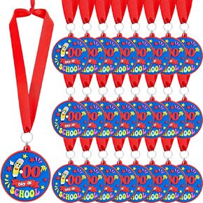 Poen 24 Pcs Happy 100 Days of School Award Medals 1.97'' Rubber 100th Day of School Medals for Awards for Kids with 29.5" Ribbon Classroom Supplies Themed Party