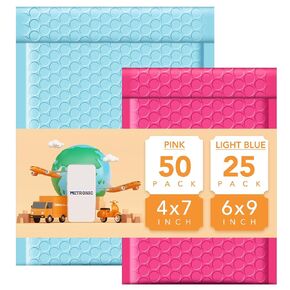 Metronic 4x8 50 Pack Pink +6x10 25 Pack Blue Bubble Mailers, Waterproof Self Seal Adhesive Padded Envelopes, Cushioning Padded Mailers for Shipping, Mailing, Packaging, Bulk