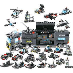8 في 1 طقم بناء مركز شرطة المدينة ، لعبة Swat Mobile Cender Center Truck Building مع سيارة للشرطة وطائرة هليكوبتر وقارب دورية وأفضل تعليمي وهدية لعبة SWAT للبنين والبنات-647 قطعة
