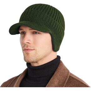 Men's Winter Hat with Brim, Warm Earflaps Hat for Men, Thick Fleece Lined Knit Winter Beanie Outdoor