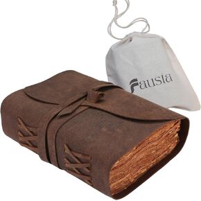 مجلة Fausta Flap Leather Bound للكتابة ، 240 صفحة (A4) | مجلة السفر الورقية القطن خمر حافة القطن (150 GSM) | كراسة رسم ريفي بنية للرسم ، هدية مثالية للرجال والنساء