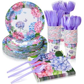 Yungyan 252 PCS ألواح الكوبية والمناديل مجموعة الأزرق الزهور الزهور لحفلات الحفلات القابلة للتصرف الأزهار لوحات أكواب سكاكين ملاعق شوكات الربيع