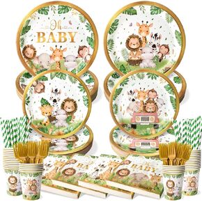 300 PCS Safari Baby Shower Plates and Falkins (يقدم 50 ضيفًا) ، وقشات CAPS Cups Plates Forks ، ولوازم الحفلات ، وزينة استحمام الطفل في Jungle Safari