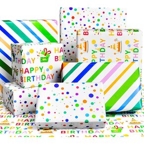 Isaspire Birthday Wrapping Paper Folder Set - 12 Sheets, 20x29 Inch Each, Adorned with Polka Dots, Stripes & 'Birthday' Charms for Boys, Girls, Women, Men, Ideal Gift Wrap for Holiday Birthday Party