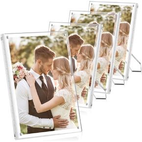 POZEAN 5x7 Acrylic Frame, 4-Pack Acrylic Picture Frame, Clear Picture Frame with Stand, Acrylic Magnetic Frame, Frameless Acrylic Photo Frame, Magnetic Plexiglass Frame for Desktop Display Home Décor