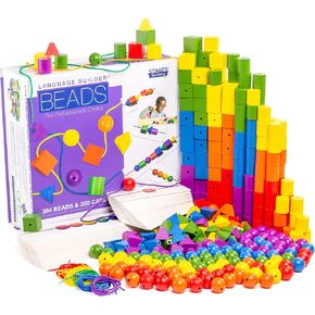 Learning Language Builder Builder Beads Beads Kit Purcriculum for Autism & Preschool 384 Wood Beads و 200 string flashcards ، مجموعة الفصل الدراسي