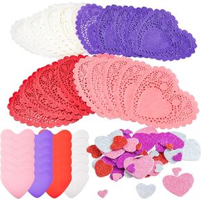 JOYIN 86 Pcs Valentines Day Heart Doilies Craft Gift Set with 50 Pcs Paper Doilies, 12 Foam Craft and 1 Bags of Glitter Foam Heart Stickers for Valentine's Day Party Tableware Decoration