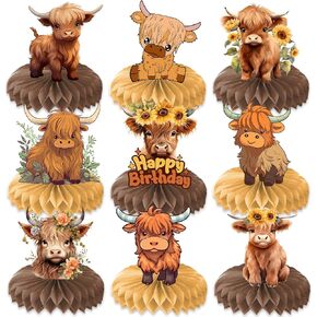 9pcs Highland Cow Honeycomb Centerpins تحت عنوان عيد ميلاد ديكورات حفلة البقرة حيوانات الماشية المركزية