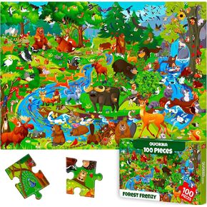 QUOKKA Puzzles for Kids Ages 6-8 - Toddler Puzzles Ages 4-6 - 100 Piece Busyland Forest Animals Jigsaw Puzzle 5-8 - Learning Toys for 3 Year Old Boys and Girls - Educational Games Gift
