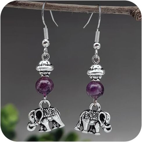 Koguxuix Vintage Silver Crystal Elephant Earrings 925 Sterling Silver Amethyst/Emerald Lucky Animal Theme Hypoallergenic Drop Dangle Earrings Jewelry Gift for Women(Purple) in Saudi Arabia