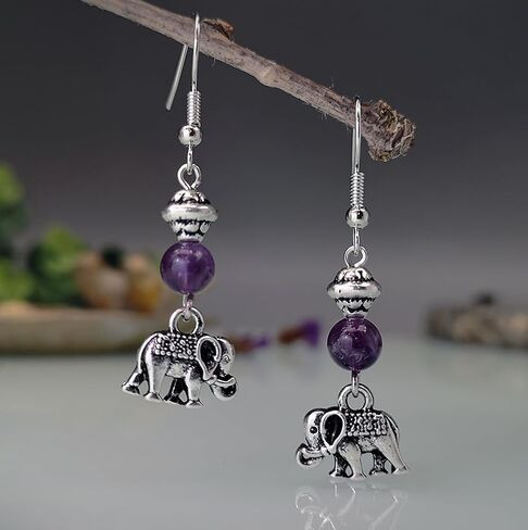 Koguxuix Vintage Silver Crystal Elephant Earrings 925 Sterling Silver Amethyst/Emerald Lucky Animal Theme Hypoallergenic Drop Dangle Earrings Jewelry Gift for Women(Purple) in Saudi Arabia