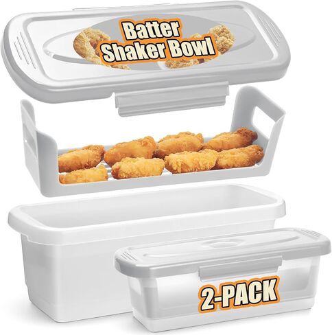Batter Breader Shaker Bowl with Lid, 2-pack Mess Free Breading Shaker Bowl, Fish Batter Shaker Container with Breading Tray, Batter Bowl Shaker for Fish Frying Chicken Wings Fish Onion Rings Veggies in Saudi Arabia