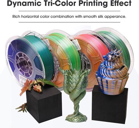 eSUN Silk Magic PLA Filament Bundle 1.75mm, Silk Dual Color Co Extrusion 3D Printer Filament, 200g x 4 Spools 3D Printing Color Change Filament, Red Silver + Blue Silver + Gold Silver + Green Silver in Kuwait