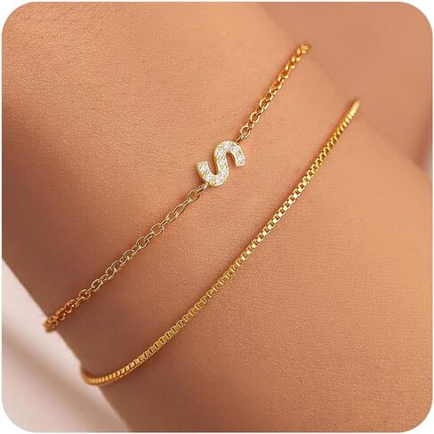 Gold Initial Bracelets for Women, Dainty 14K Gold Plated Letter Initial Bracelet for Women, Cute Layered Box Chain Gold Bracelets for Women Trendy Jewelry in Kuwait