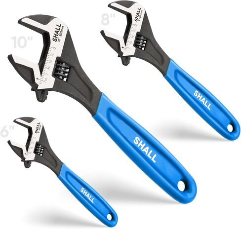 SHALL 3-Piece Adjustable Wrench Set, 10/8/6 Inch Cr-V Steel Wrench with Cushion Grip, Wide Jaw Black Oxide Wrench with Laser-etched SAE Scales for Home, Garage, Workshop and DIY in Saudi Arabia