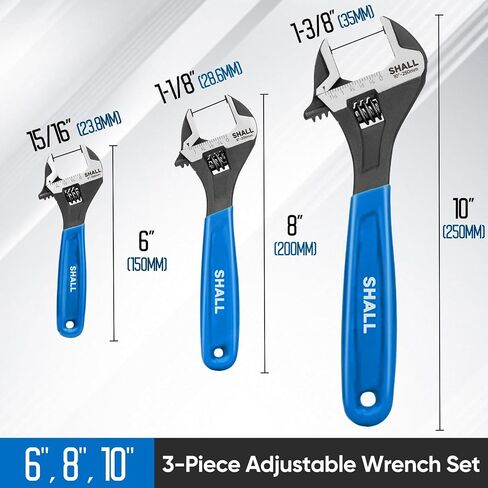 SHALL 3-Piece Adjustable Wrench Set, 10/8/6 Inch Cr-V Steel Wrench with Cushion Grip, Wide Jaw Black Oxide Wrench with Laser-etched SAE Scales for Home, Garage, Workshop and DIY in Saudi Arabia
