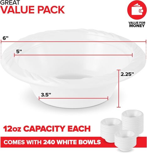 Stock Your Home (40 Pack) 12 oz Elegant White Plastic Bowls for Parties Small Disposable Bowl for Fancy Dinner or Cocktail Party, Soup and Salad, Thick and Sturdy in Kuwait