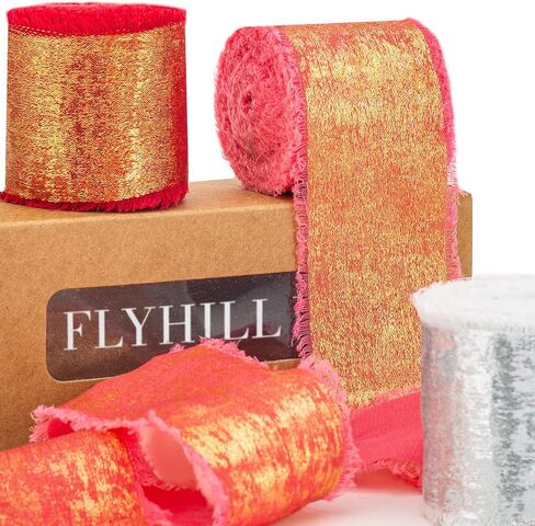 Shimmering Frayed Soft Metallic Chiffon Silk Ribbon with Champagne Gold,White,Brown for Sewing Projects,Bridal Flower Bouquet,Wedding Invitations,Napkin Rings-1.5in x 15 Yard (3 Rolls) in Saudi Arabia