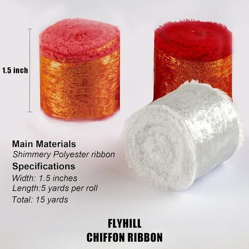 Shimmering Frayed Soft Metallic Chiffon Silk Ribbon with Champagne Gold,White,Brown for Sewing Projects,Bridal Flower Bouquet,Wedding Invitations,Napkin Rings-1.5in x 15 Yard (3 Rolls) in Saudi Arabia