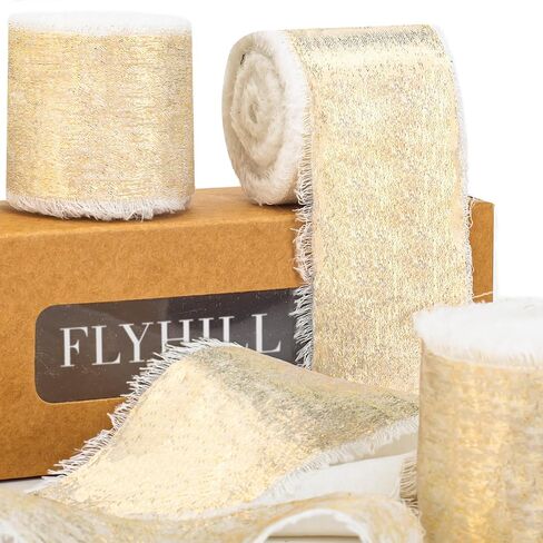 Shimmering Frayed Soft Metallic Chiffon Silk Ribbon with Champagne Gold,White,Brown for Sewing Projects,Bridal Flower Bouquet,Wedding Invitations,Napkin Rings-1.5in x 15 Yard (3 Rolls) in Saudi Arabia