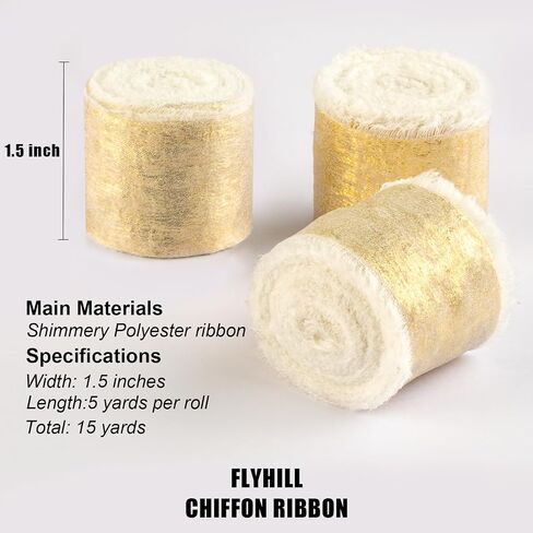 Shimmering Frayed Soft Metallic Chiffon Silk Ribbon with Champagne Gold,White,Brown for Sewing Projects,Bridal Flower Bouquet,Wedding Invitations,Napkin Rings-1.5in x 15 Yard (3 Rolls) in Saudi Arabia