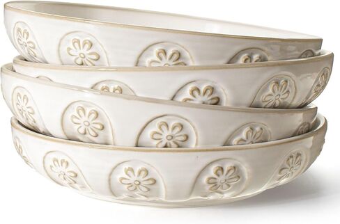 Artena Pasta Bowls, 50oz Large Salad Serving Bowls, 9.75'' Plates Bowls Set of 4, Big White Ceramic Soup Bowls for Kitchen, Embossment Shallow Dinner Bowl, Microwave Dishwasher Safe, Multiple Patterns in Saudi Arabia