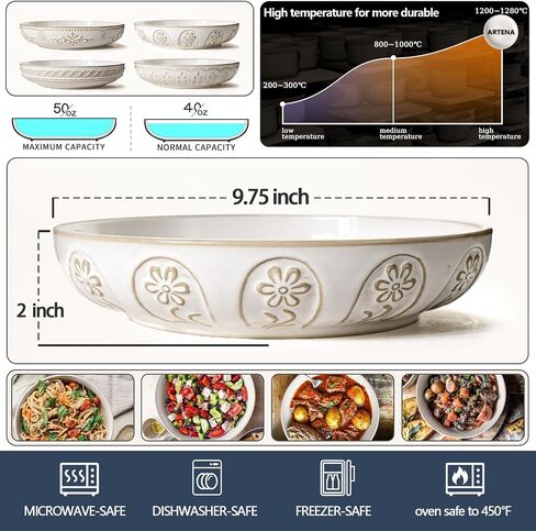 Artena Pasta Bowls, 50oz Large Salad Serving Bowls, 9.75'' Plates Bowls Set of 4, Big White Ceramic Soup Bowls for Kitchen, Embossment Shallow Dinner Bowl, Microwave Dishwasher Safe, Multiple Patterns in Saudi Arabia