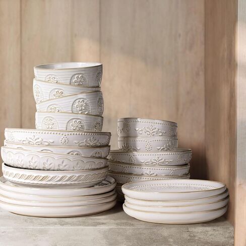 Artena Pasta Bowls, 50oz Large Salad Serving Bowls, 9.75'' Plates Bowls Set of 4, Big White Ceramic Soup Bowls for Kitchen, Embossment Shallow Dinner Bowl, Microwave Dishwasher Safe, Multiple Patterns in Saudi Arabia